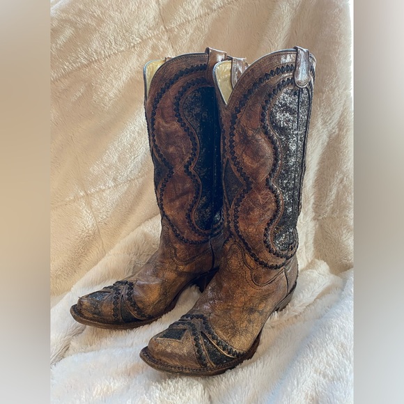 Bottes De Cowboy Corral Vintage Series - Cuir Marron à Franges Et Clous - Femme 7.5 M